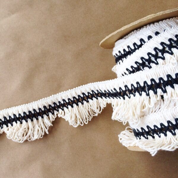 Black and white Scalloped Lace Fringe on a spool.