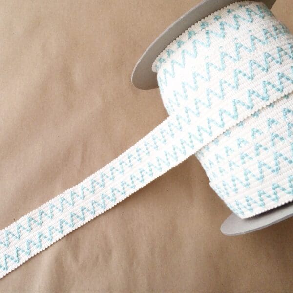 An Essex 2IN spool of blue and white zigzag ribbon.