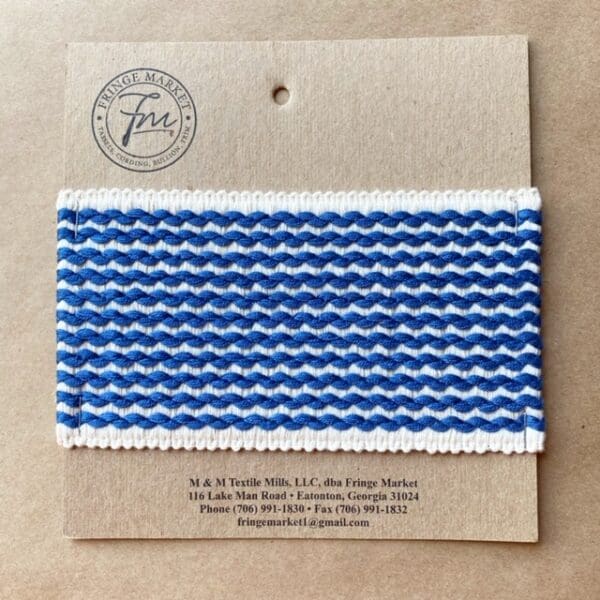 A blue and white striped Barnsley 3 3/4 IN Tapes ribbon on a card.