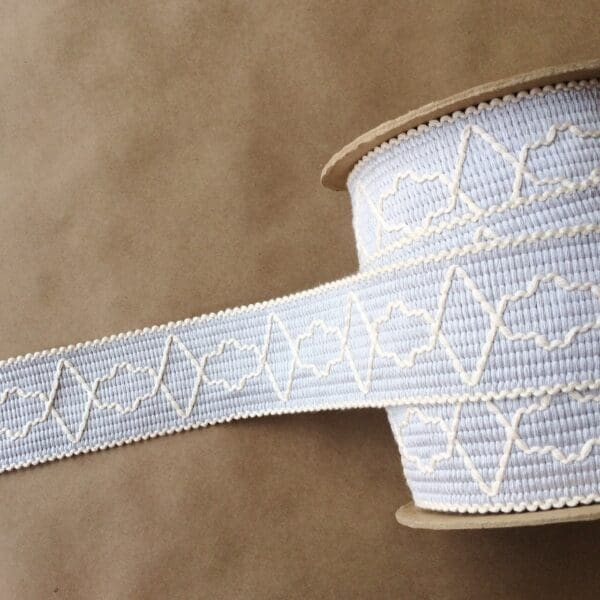 A spool of Quincy Tapes lace ribbon in blue and white.