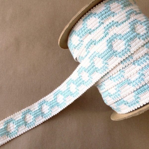 A spool of Soho 1.5 ribbon with blue and white polka dots.
