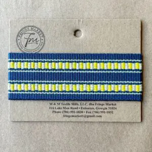 A blue and yellow striped ribbon on a card adorned with Solar Outdoor Tapes.