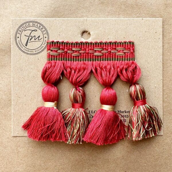 Red and gold Bowery Tassel Fringe 3in on a card.