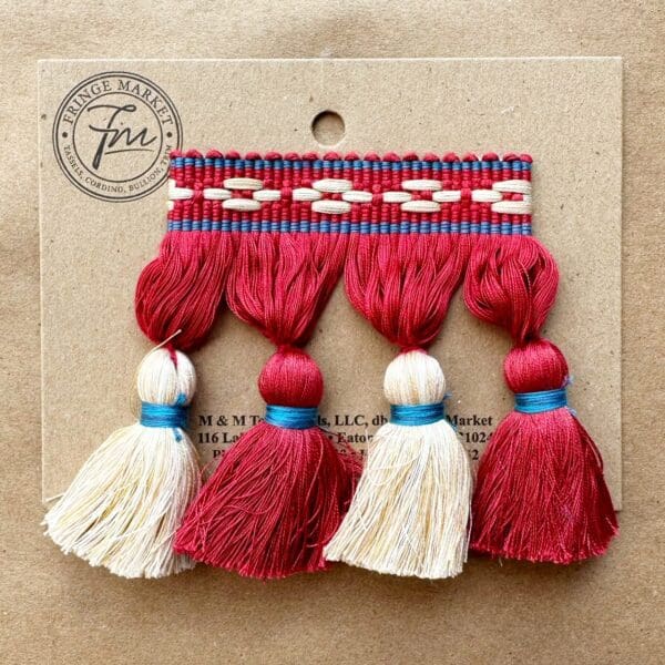 Red and white Bowery Tassel Fringe 3in on a card.