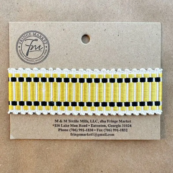 A yellow and black striped Amity Silk Braids ribbon on a card.