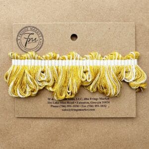 A card displaying a collection of Oxford Scalloped Braid twisted tassels attached to two horizontal white elastics, with the manufacturer's contact information printed at the top.
